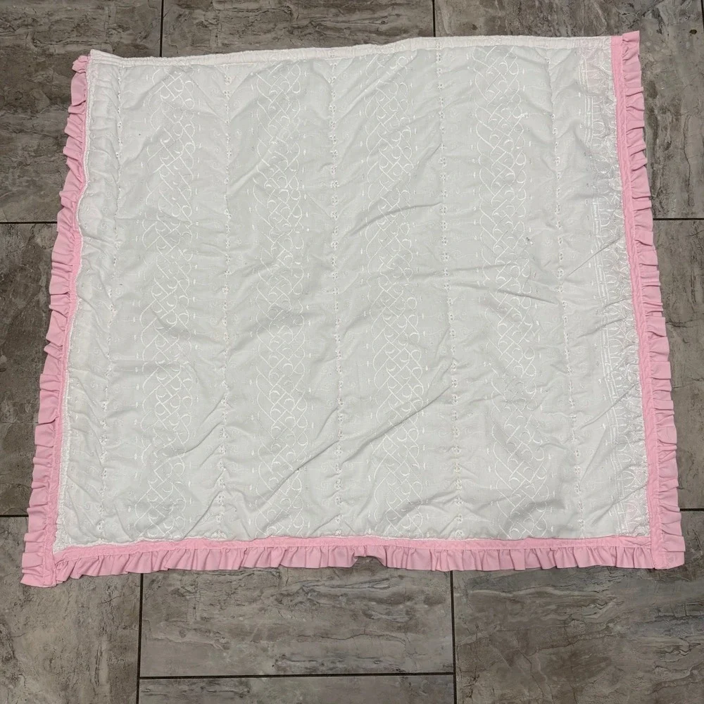 Vintage Pink Floral and White Eyelet Ruffle Trim Reversible Lap Blanket 32x32